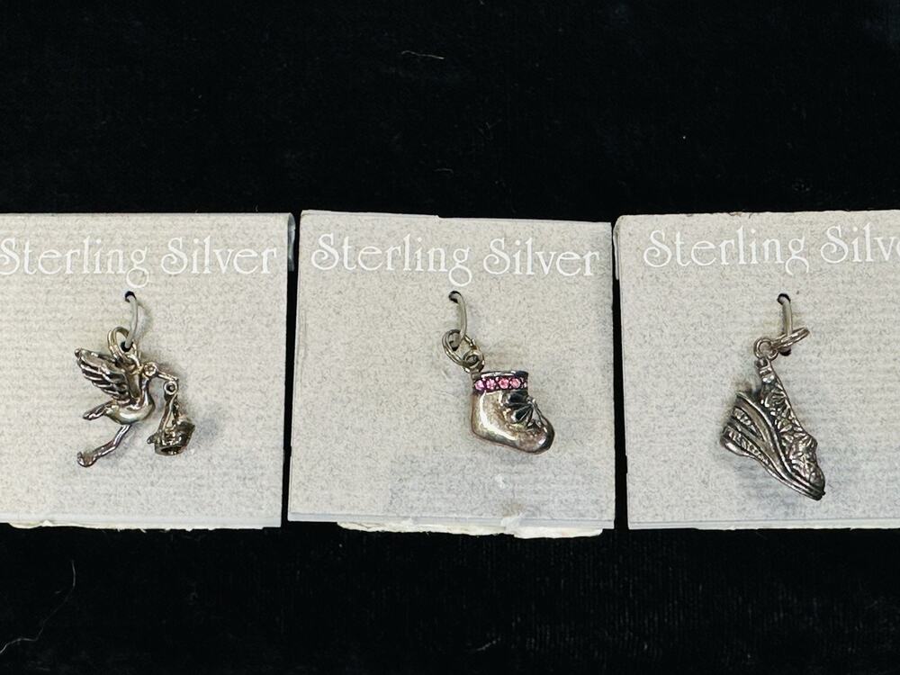 Lot Of 3 Sterling Silver Charms Baby Shoe Stork High Heel Small Vintage Bracelet